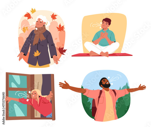 Diverse people breathing fresh clean air indoors and outdoors, relaxing and enjoying nature set