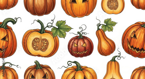 Watercolor Halloween and Autumn Pumpkin Pattern on a White Background


