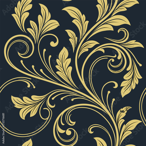 Elegant golden ornate seamless pattern design with intricate decorative elements perfect for luxury backgrounds and sophisticated graphic applications