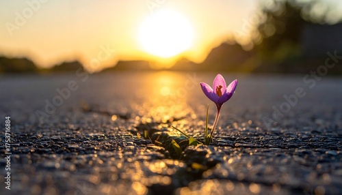 A solitary purple flower blooms from a crack in asphalt at sunrise, bathed in warm, golden light. The flower thrives amidst a harsh, urban environment
