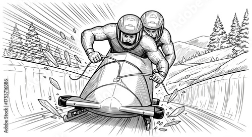 Two-man bobsleigh team speeding down icy track, pilot in front steering, brakeman at the back pushing and stabilizing, dynamic motion, aerodynamic sled, icy winter landscape, engraving sketch
