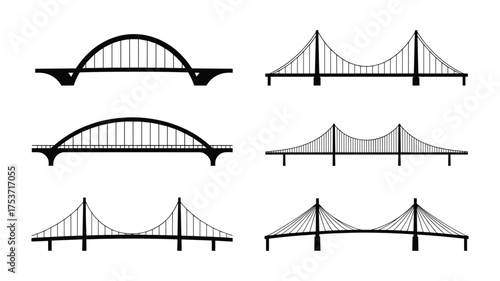 Collection of Black Silhouette Bridge Designs on White Background architecture structure