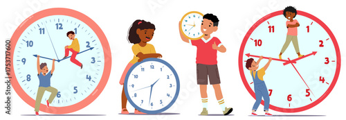Cute cartoon kids holding clock learning time, punctuality, exploring numbers and hours isolated set