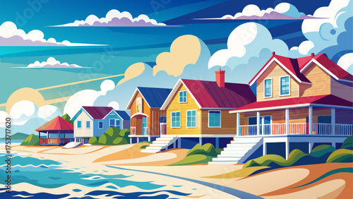 Very beautiful beach houses line the serene shores of the Atlantic Ocean, surrounded by soft white sand and bright snow-white clouds drifting across the tranquil blue sky.
