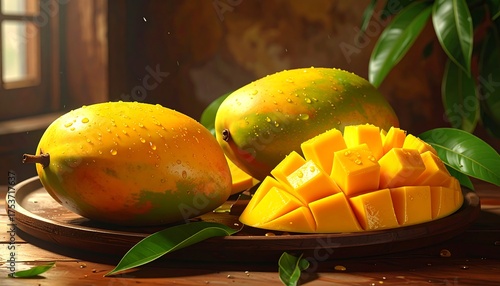 A still-life captures vibrant tropical fruit. Several yellow-orange fruits are arranged on a dark wood platter. Cut portions reveal a bright interior