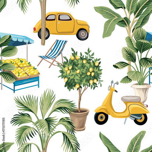 Lemon tree, palm, scooter, car, lemon fruit, lounge chair seamless pattern. Summer print.		