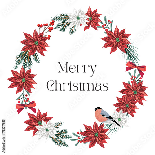 Christmas wreath with fir branch, mistletoe, bullfinch, star flower. Holiday decoration.	