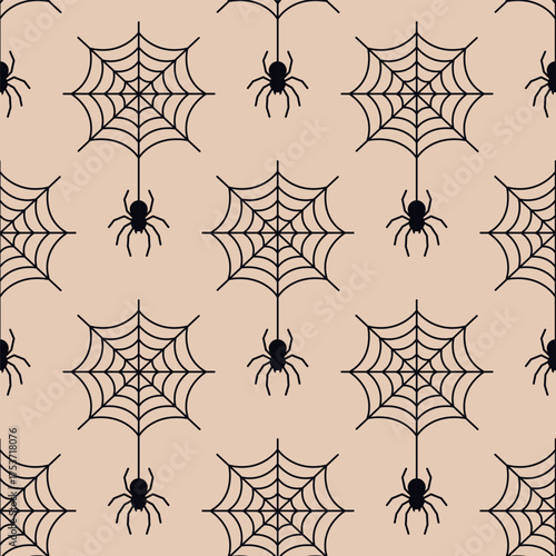 Seamless Halloween pattern with black spiders and spider webs on a beige background. For wrapping paper, card, textile, print packaging, wallpaper, fabric, crafts, spooky festive design. Flat vector.