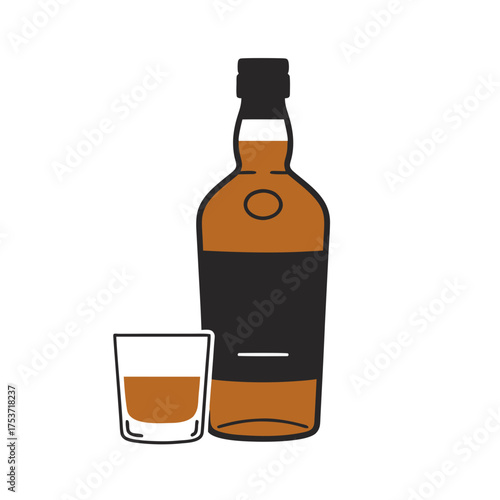 Whisky bottle and glass in minimalist style, concept of New Year celebration  