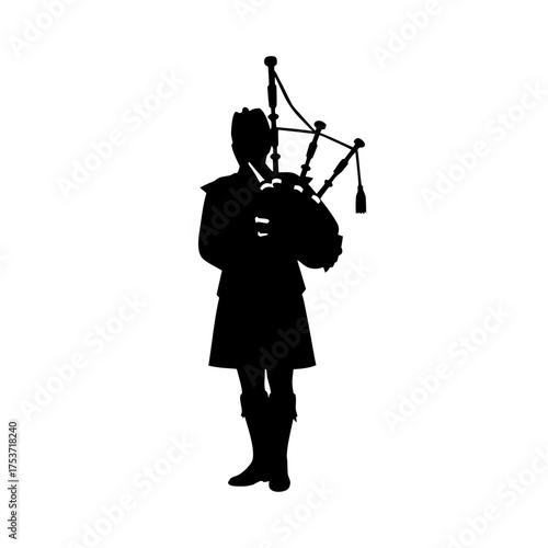 Silhouette of bagpiper playing music in traditional Scottish attire  