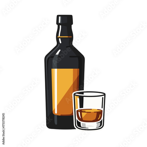 Whisky bottle and glass in modern style representing celebrations of New Year  