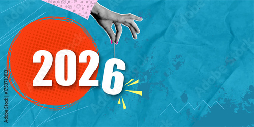 A trendy New Year's halftone collage. A woman's hand inserts the number 6 into the number 2026. Concept for a holiday or New Year's party.