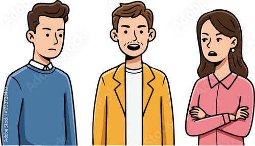 Group of three young people expressing different emotions in casual clothing vector illustration 