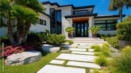 Modern luxury home exterior with landscaping and pathway on sunny day