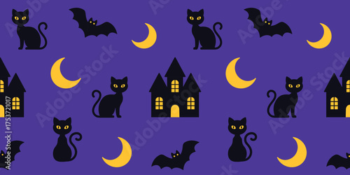 Seamless Halloween pattern with black cats, bats, haunted houses, yellow moons on purple background. For wrapping paper, card, textile, print packaging, wallpaper, fabric, festive design. Flat vector.