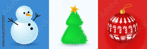 Set of 3D Christmas icons. Snowman, Christmas tree with star and ball with ornament. Vector illustration.