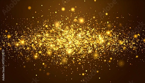 A shimmering abstract illustration depicts a golden glittery cloud effect, dispersed on a dark brown background, creating a celebratory atmosphere