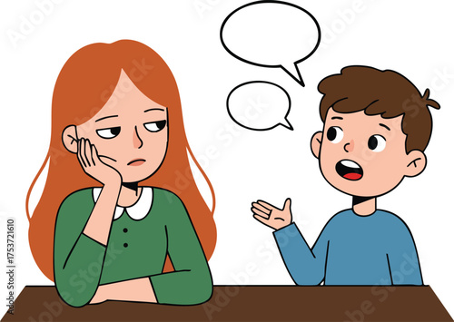 Child talking to uninterested woman expressing boredom and communication challenges in casual setting vector illustration 