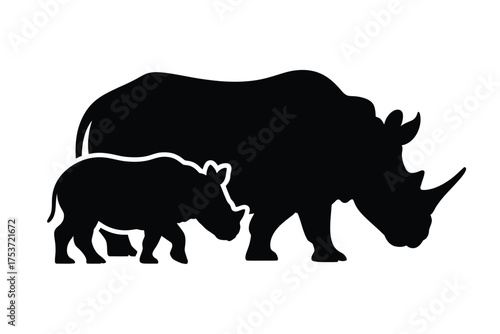 Vector art of silhouette of a rhinoceros family walking