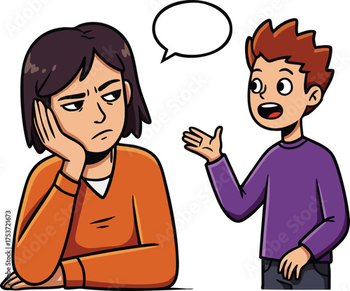 Woman ignoring boy talking with empty speech bubble vector illustration in casual clothing expressing disinterest and communication gap 