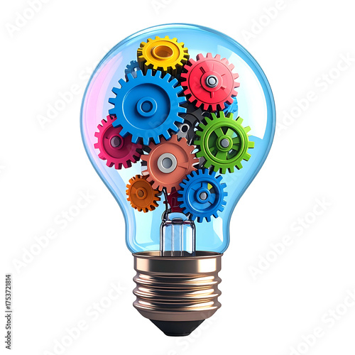 Colorful gears inside a transparent light bulb symbolize ideas and innovation.