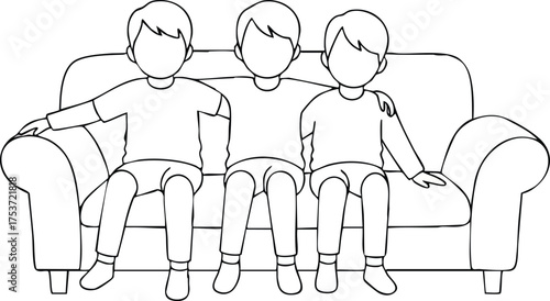 Three boys sitting closely on sofa hugging each other in simple line art style vector illustration 