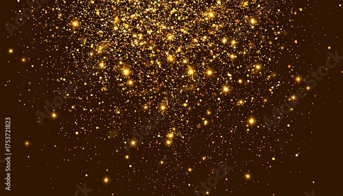A shimmering explosion of golden particles against a dark brown background, creating an elegant and luxurious visual. Sparkles and glitter abound