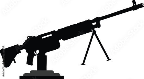 Heavy machine gun military weapon mounted on tripod silhouette vector illustration in black and white style 