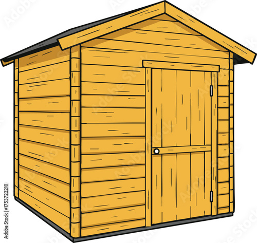 Wooden garden shed with pitched roof and closed door vector illustration in natural wood tones 