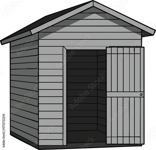 Small wooden garden shed with open door simple structure vector illustration in grayscale shades