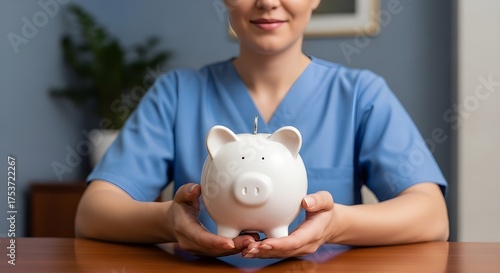 A smiling nurse in blue scrubs gently holds a white piggy bank, symbolizing financial planning and healthcare savings for a secure future