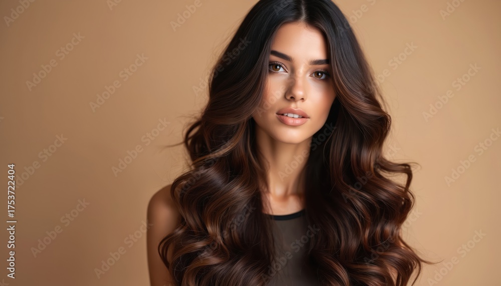 Naklejka premium Brunette woman with long wavy hair, natural makeup. Beautiful girl with shiny curly hairstyle, healthy skin. Female model posing in studio on brown background. Young lady with flowing locks, elegant