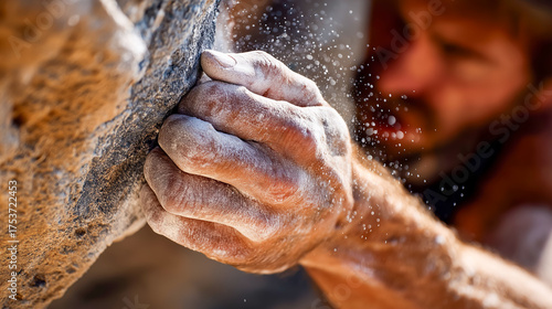 Close up of climbers chalk-covered hand gripping rock