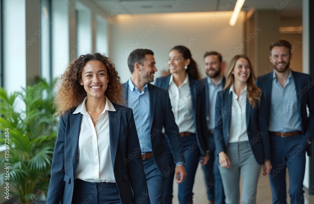 Obraz premium Smiling business woman leads group of diverse professionals. Happy men, women walk together in modern office. Team shares success in workplace. Positive work environment represents corporate culture