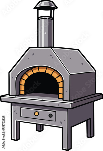 Outdoor gray brick pizza oven with chimney vector illustration for backyard cooking and leisure activities 
