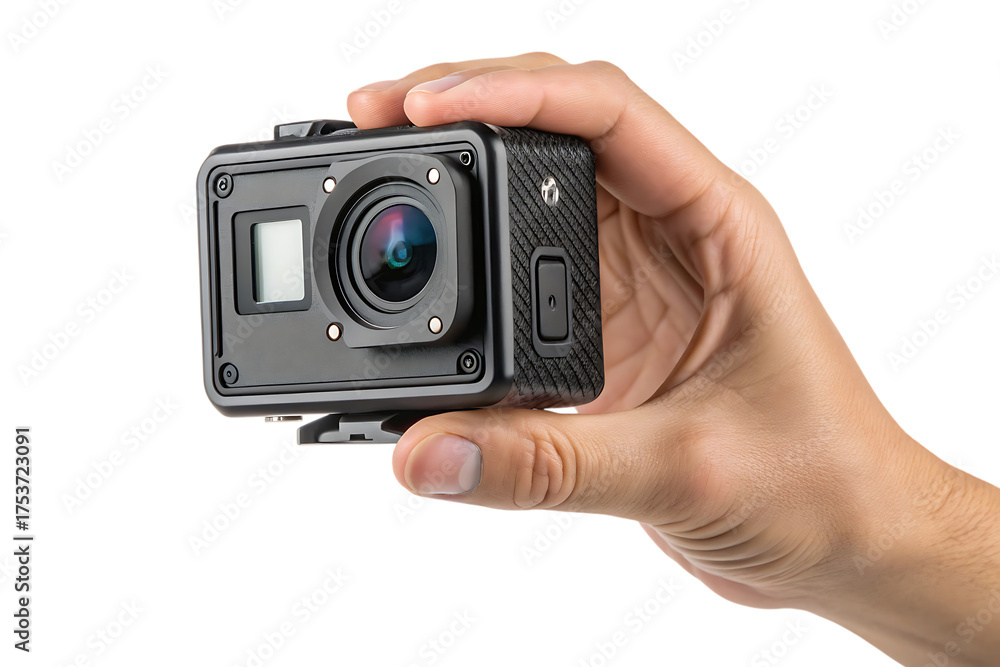 Fototapeta premium Hand holding black action camera with carbon fiber texture, cutout, PNG isolated on a white or transparent background, AI