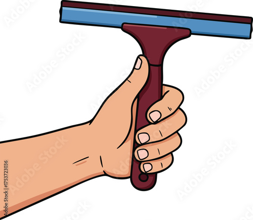 Hand holding window squeegee cleaning glass with blue rubber blade and burgundy handle vector illustration