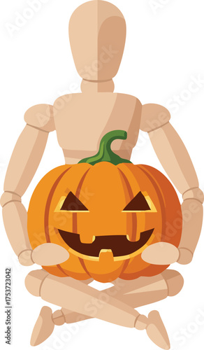 Wooden mannequin holding carved Halloween pumpkin with jack o lantern face vector illustration 