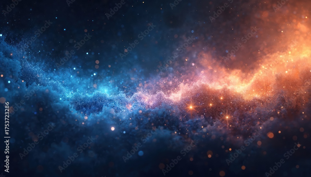 Fototapeta premium Vibrant galaxy with blue and orange nebula. Stars and sparkling dust shine in deep space. Cosmic clouds and glowing particles create a magical atmosphere. Abstract background with twinkling lights.