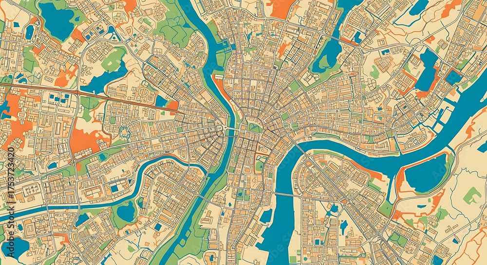 Obraz premium Top-down aerial view of a dense urban cityscape with a river winding through it, showing streets, buildings, and green spaces