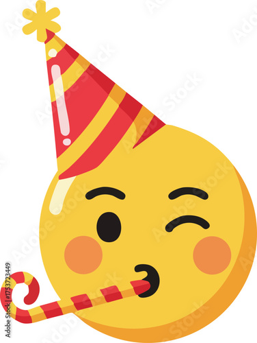 Party celebration emoji with party hat and blower in bright yellow and red colors vector illustration for festive occasions 