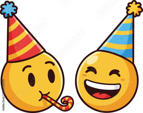 Party emoji faces with colorful striped hats and festive blower celebrating cheerful birthday fun vector illustration 