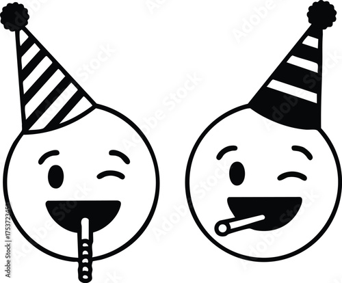Two winking party face icons with striped party hats and blowers celebrating festive occasions vector illustration 