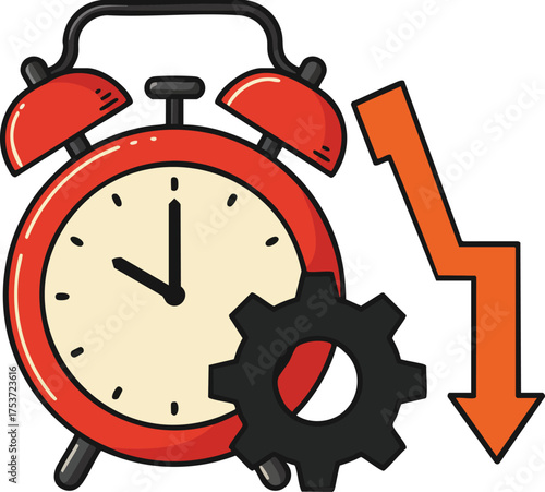 Red alarm clock with gear and downward arrow symbolizing time management and efficiency concepts in vector illustration 
