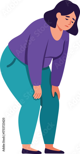 Woman with tired expression leaning forward and resting hands on knees in casual clothes vector illustration
