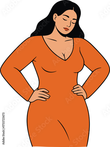 Woman in orange dress with confident pose and long black hair vector illustration 