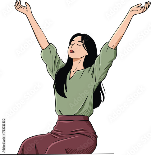 Woman sitting with arms raised and eyes closed expressing calmness and relaxation in casual clothing vector illustration 