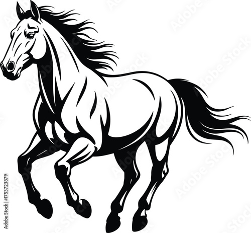  Running horse silhouette, wild mustang galloping illustration, black and white stallion art, powerful animal motion, elegant horse vector, flat vector illustration