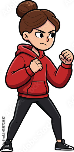 Young woman in red hoodie boxing stance ready for fight vector illustration confident pose 