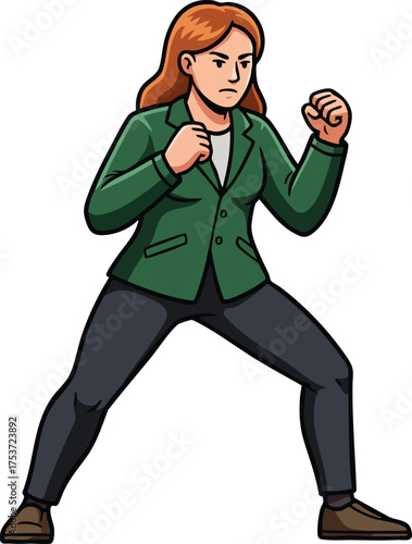 Woman in fighting stance ready for self defense or martial arts practice in casual outfit vector illustration 